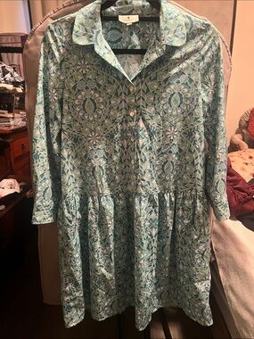 Tuckernuck Teal and Mint Floral Medallion Shirt Dress